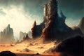 Ruined fortress in a rocky desert being overrun, creative digital illustration painting