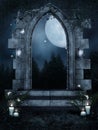 Ruined gate with candles and fern
