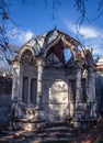 Ruined gazebo in the park concept photo. Autumn morning in Sharovka palace, Kharkiv, Ukraine.