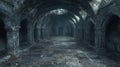 Ruined, gothic crypt hallway.  Dim, ancient stone passageway Royalty Free Stock Photo