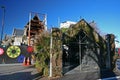 Fenced off remnants of partially demolished historic Christchurch Cathedral supported by steel frame seismic bracing, New Zealand