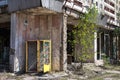 Ruined house with broken windows. The entrance, the exclusion zone, Pripyat, Chernobyl, Soviet architecture