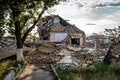 Ruined house in Ukraine. Destroyed and burnt civilian building after rocket attack of Russian