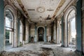 Ruined large hall interior overgrown by plants and moss