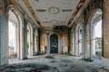 Ruined large hall interior overgrown by plants and moss Royalty Free Stock Photo