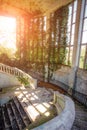 Ruined mansion interior overgrown by plants Overgrown by ivy staircase