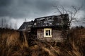 Ruined Old haunted house on the empty field with dramatic blue sky Royalty Free Stock Photo