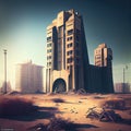 ruined old industrial buildings and futuristic high-rise city skyscraper