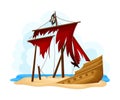 Ruined Pirate Ship or Vessel with Ripped Red Sail Rested on Sand Vector Illustration