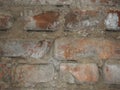 Ruined red brick wall textred brick, wall macro fragment. Fragment of an old brick wall. Horizontal orientation, selective focus Royalty Free Stock Photo