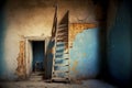 ruined steps in old house and step ladder against wall Royalty Free Stock Photo