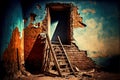 ruined steps in old house and step ladder against wall Royalty Free Stock Photo