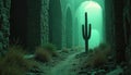 Ruined stone corridor with repeating arches forms mysterious passage. Lone saguaro cactus grows on dusty path inside ancient Royalty Free Stock Photo
