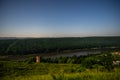 Ruined old castle tower at night on the river bank Royalty Free Stock Photo