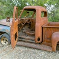 Ruined truck in the forest with view of interior Royalty Free Stock Photo