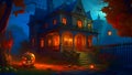 A ruined Victorian mansion. Night. A Halloween pumpkin lantern with carved eyes, nose and mouth shines in the courtyard, and black