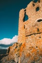 Ruined wall of Queribus Cathar castle, France Royalty Free Stock Photo