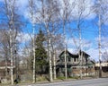 Ruined wooden house.May sunny day in gardering, Russia Royalty Free Stock Photo