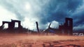 The ruins of an abandoned destroyed post-apocalyptic city at sunset. The Concept Of Apocalypse. 3D Rendering Royalty Free Stock Photo