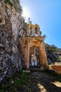 Ruins of abandoned Orthodox Katholiko monastery in Avlaki gorge, Akrotiri, Chania, Crete, Greece. Entrance gate. Upshot