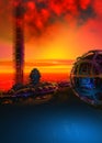 The ruins of an alien civilization on an unknown planet, sunset sky, blue ground, 3d illustration