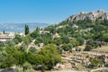 Ruins of Ancient Agora and Acropolis of Classical Athens of Greece. Aerial view from the Temple of Hephaestus Hephaestion