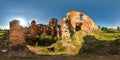 Ruins of ancient brick castle with blue sky sun green grass 3D spherical panorama with 360 degree viewing angle. Ready for virtual