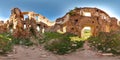 Ruins of ancient brick castle with blue sky sun green grass 3D spherical panorama with 360 degree viewing angle. Ready for virtual
