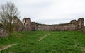 The ruins of the ancient castle are in the field, where growing spring grass and spring flowers against dark blue sky Royalty Free Stock Photo