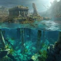 Ruins of an ancient city flooded by the sea, building columns,