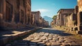 Ruins of ancient city Pompei look-like at sunset. Roman\'s road and beautiful mountains at background Royalty Free Stock Photo