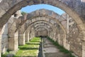 Ruins ancient city stone temple in ?zmir, top arches, keystones, columns, torso statue, high stone wall