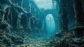 Ruins of ancient city sunk at bottom of sea. Atlantis like sunken city.