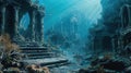 Ruins of ancient city sunk at bottom of sea. Atlantis like sunken city.