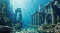 Ruins of ancient city sunk at bottom of sea. Atlantis like sunken city.