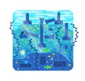 Ruins of an ancient city under water - vector cartoon illustration, destroyed columns on the seabed