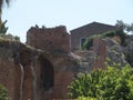 Ruins of ancient greek and roman theatre in TAORMINA city in SICILY at Italy