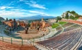 Ruins of ancient Greek theater in Taormina and Etna volcano in the background Royalty Free Stock Photo