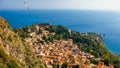 Ruins of Ancient Greek theater in Taormina, Sicily, Italy. Taormina located in Metropolitan City of Messina, on east coast of Royalty Free Stock Photo