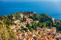 Ruins of Ancient Greek theater in Taormina, Sicily, Italy. Taormina located in Metropolitan City of Messina, on east coast of Royalty Free Stock Photo