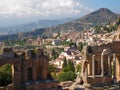 Ruins of the ancient Greek theater and view of Taormina, Sicily. Royalty Free Stock Photo