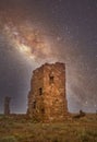 Ruins of an ancient observatory along the historic Route 66 near Meteor Crater road in Arizona under a star filled sky Royalty Free Stock Photo