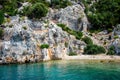 Ruins of the ancient sunken Lycian underwater city of Dolichiste on the island of Kekova. Attraction of the Royalty Free Stock Photo