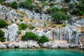 Ruins of the ancient sunken Lycian underwater city of Dolichiste on the island of Kekova. Attraction of the Royalty Free Stock Photo