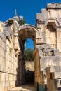 Ruins of ancient theater in Myra Demre, Turkey, from behind is a layer of earth deposited over time Royalty Free Stock Photo