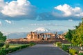 The ruins of the ancient Zvartnots temple on the background of a high snow-capped mountain Ararat, a landmark Royalty Free Stock Photo