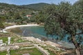 Ruins in Archaeological site of Aliki, small beach and olive trees, Thassos island, Greece Royalty Free Stock Photo