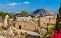 Ruins of arched gates at Santa Barbara Castle in Alicante, Spain