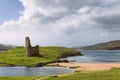 Ruins of Ardvreck Castle rising on a grassy peninsula, kissed by Loch Assynt waters Royalty Free Stock Photo