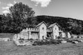 Ruins of Arutela roman castrum on the banks of river Olt near Calimanesti, Valcea county, Wallachia region, Romania in black and Royalty Free Stock Photo